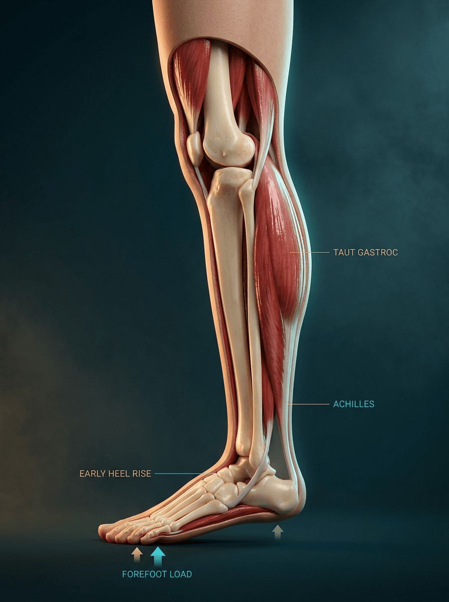 Sagittal cutaway of a taut gastrocnemius with early heel rise and ground-reaction arrows concentrated under the metatarsal heads.