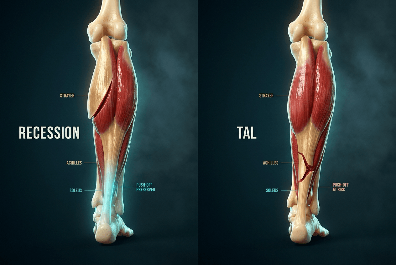Two-panel posterior calf: left, Strayer recession with intact Achilles and preserved push-off; right, Z-lengthening of the Achilles with push-off at risk.