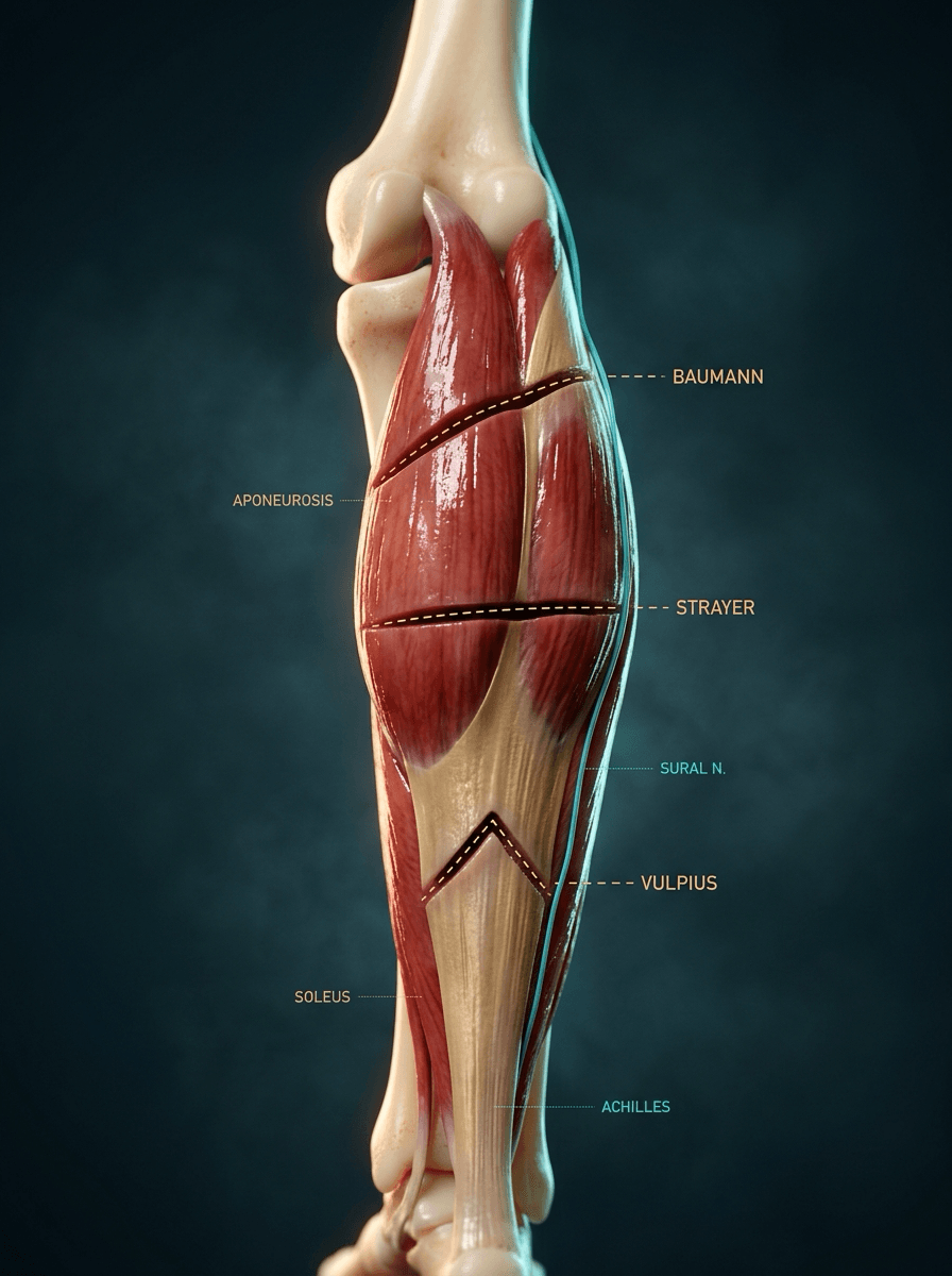 Posterior calf showing three recession levels: proximal intramuscular Baumann, Strayer at the musculotendinous junction, and distal inverted-V Vulpius, with the sural nerve along the lateral border.