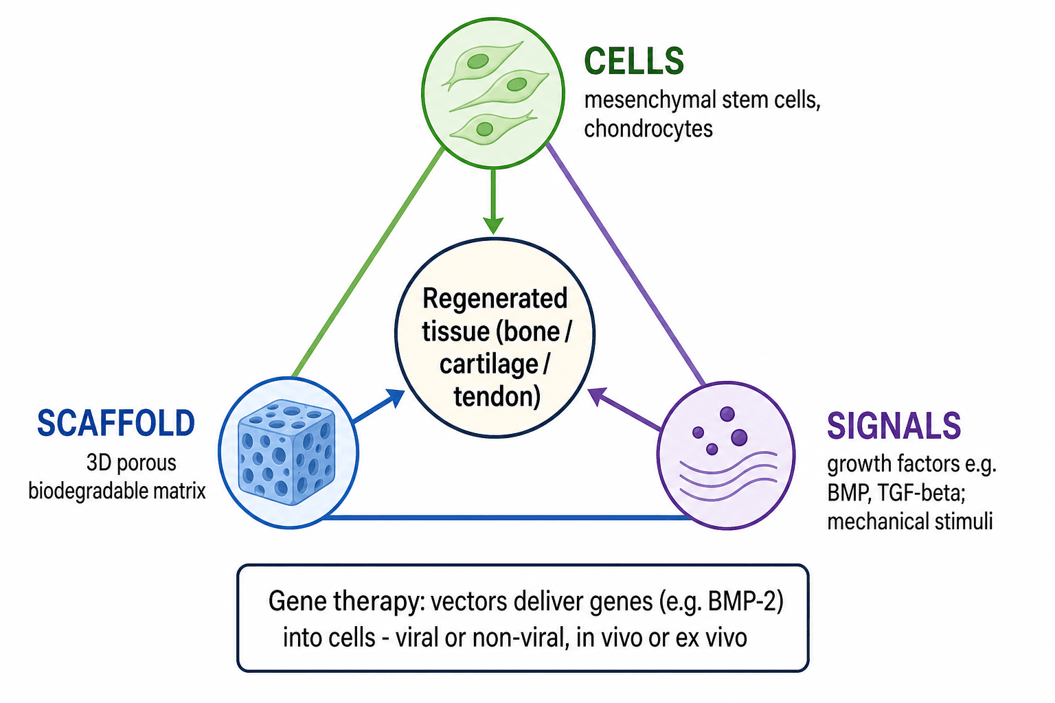 Triangle diagram of the tissue-engineering triad: cells, scaffold and signals combining to regenerate tissue, with a gene therapy note