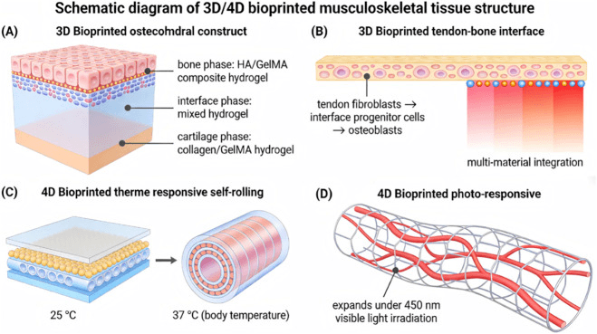 Schematic of 3D and 4D bioprinted musculoskeletal constructs including an osteochondral construct with bone and cartilage phases