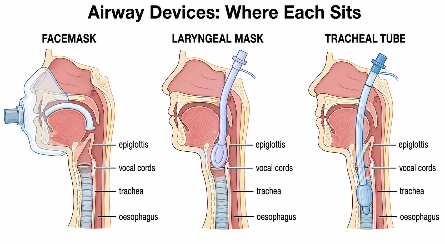 Three sagittal upper-airway diagrams showing where airway devices sit: a facemask with an oral airway, a laryngeal mask resting above the vocal cords (supraglottic), and a cuffed tracheal tube passing through the cords into the trachea.