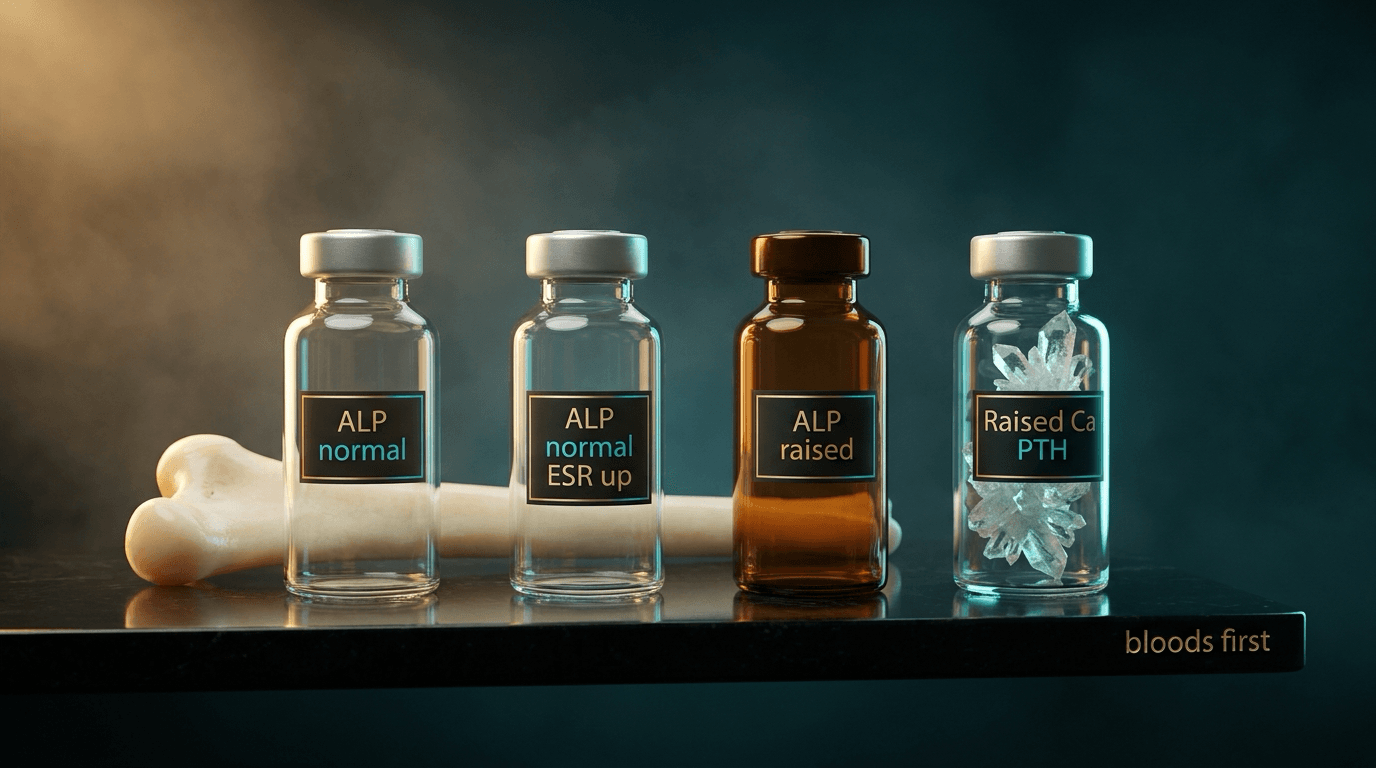 Four chemistry vials: ALP normal for osteoporosis, ALP normal with ESR up for myeloma, ALP raised for osteomalacia, raised calcium and PTH for hyperparathyroidism.