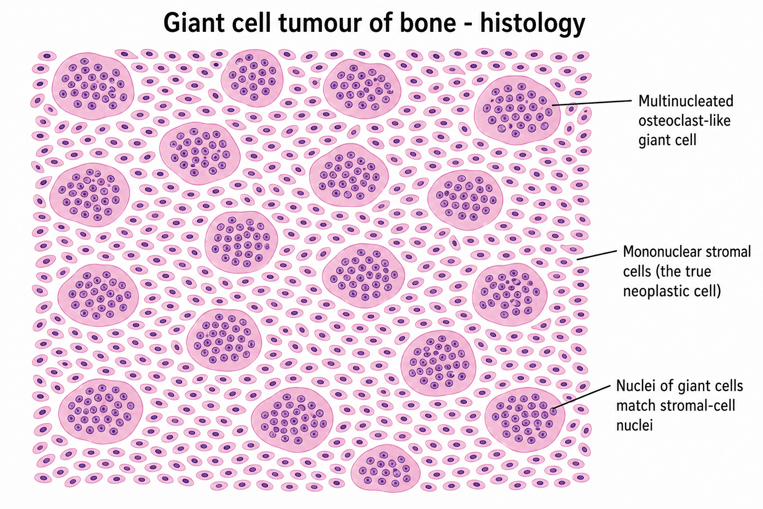 Histology schematic of giant cell tumour of bone showing multinucleated giant cells among mononuclear stromal cells.