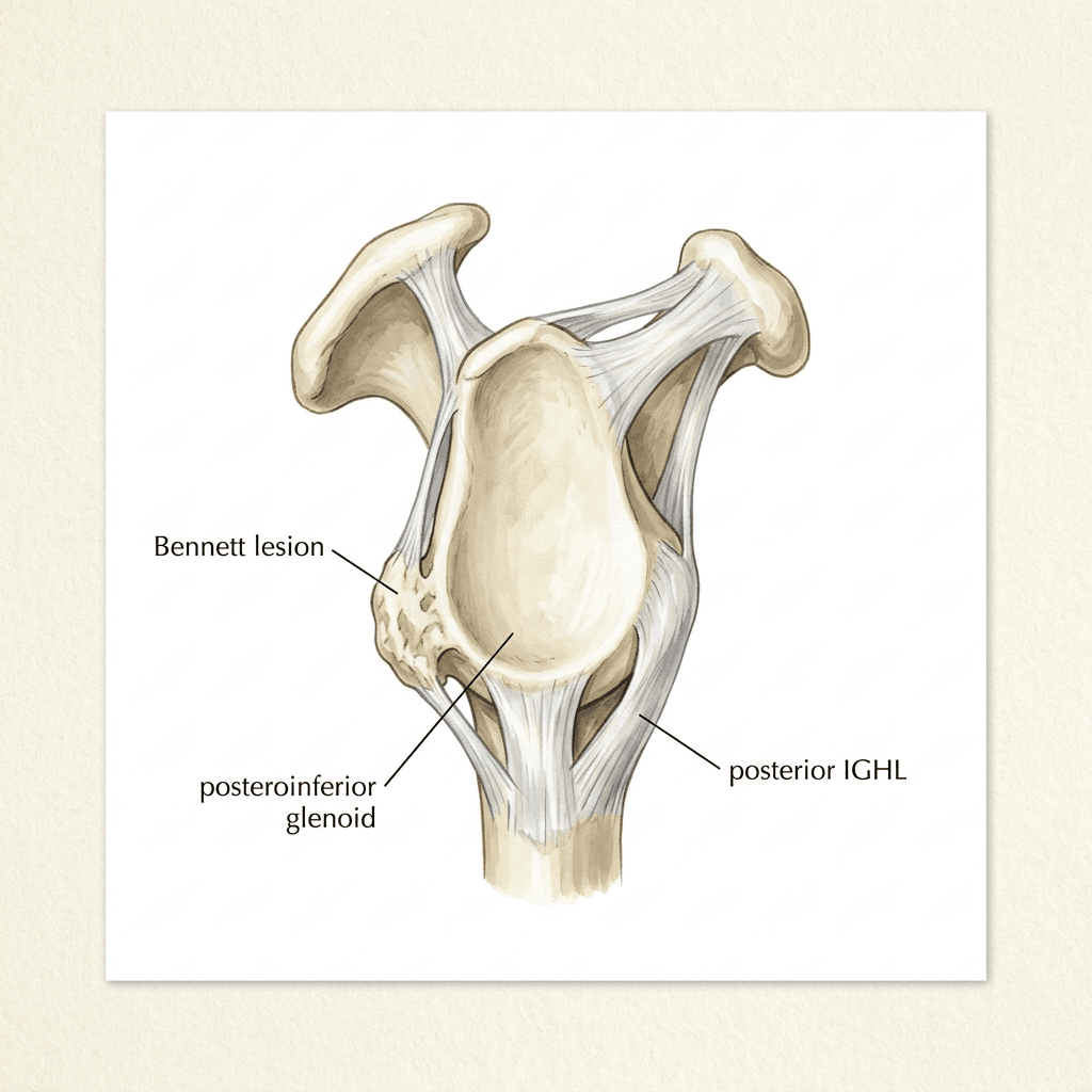 Posterior painted glenoid showing a crescentic bony exostosis on the posteroinferior rim at the posterior band of the inferior glenohumeral ligament, with a tight posterior capsule.
