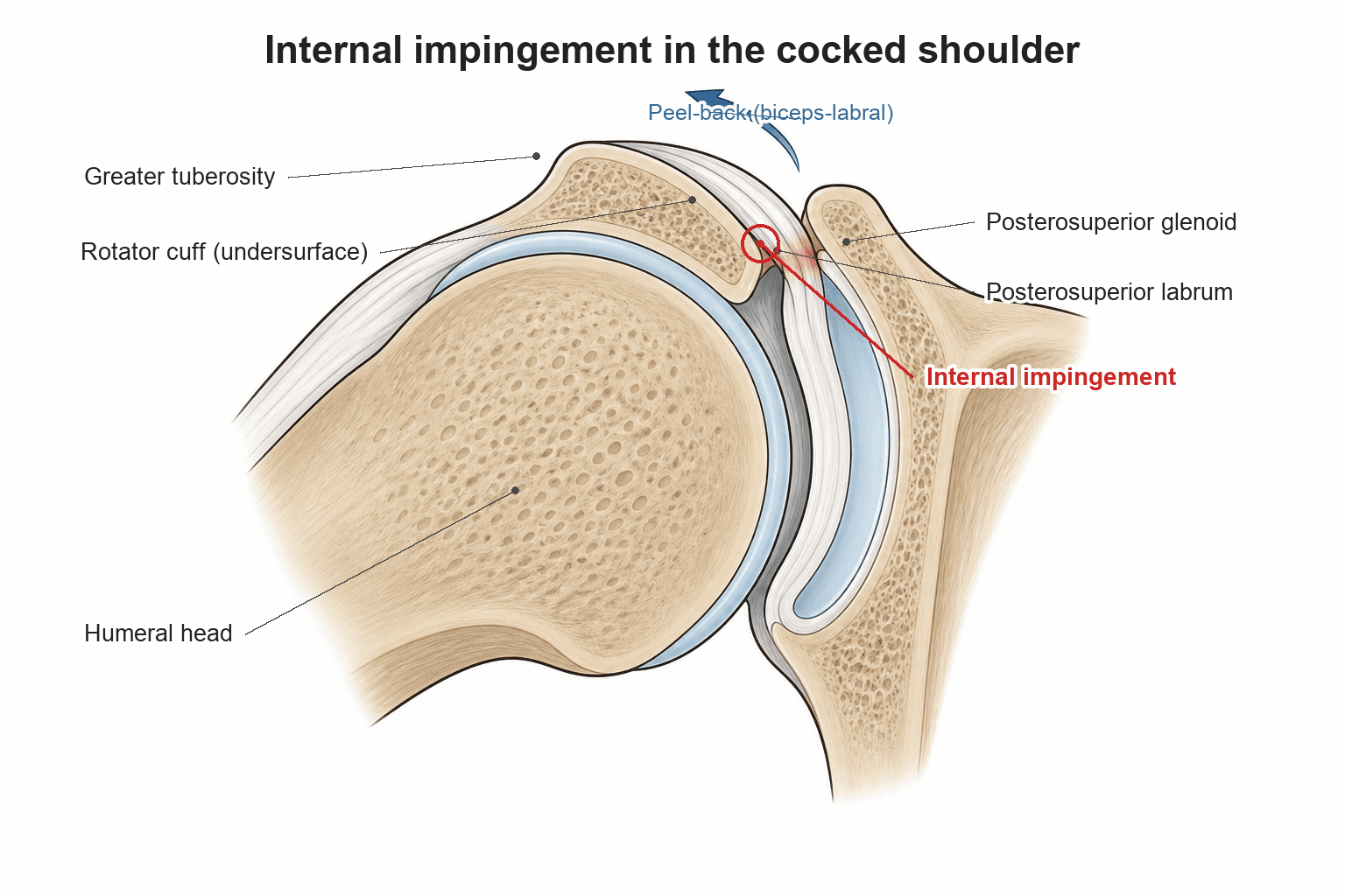 Schematic of internal impingement in the cocked shoulder: the rotator-cuff undersurface and posterosuperior labrum pinched between the greater tuberosity and the posterosuperior glenoid, with a peel-back arrow