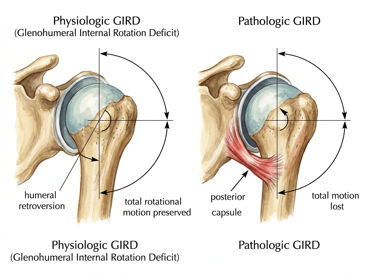 Two superior-view painted humeral heads: physiologic GIRD with a retroverted head and a full rotation arc shifted toward external rotation, versus pathologic GIRD with a tight posterior-inferior capsule shrinking internal rotation and shortening the total arc.
