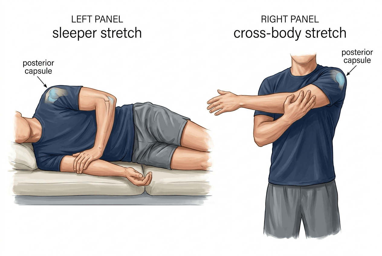Two-panel painted stretch: sleeper stretch lying on the throwing side with the shoulder and elbow at 90 degrees, and standing cross-body adduction stretch, both in a clothed athlete with the face cropped.