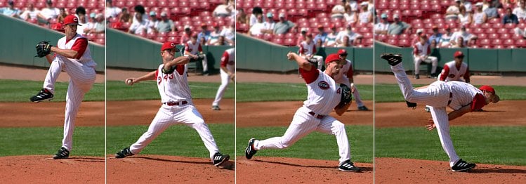 Four-frame sequence of a baseball pitcher's throwing motion from wind-up to follow-through