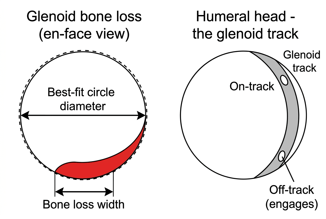 Two-panel diagram: an en-face glenoid view showing the best-fit circle and bone-loss width measurement, and a humeral head view showing the glenoid track band with an on-track and an off-track Hill-Sachs lesion