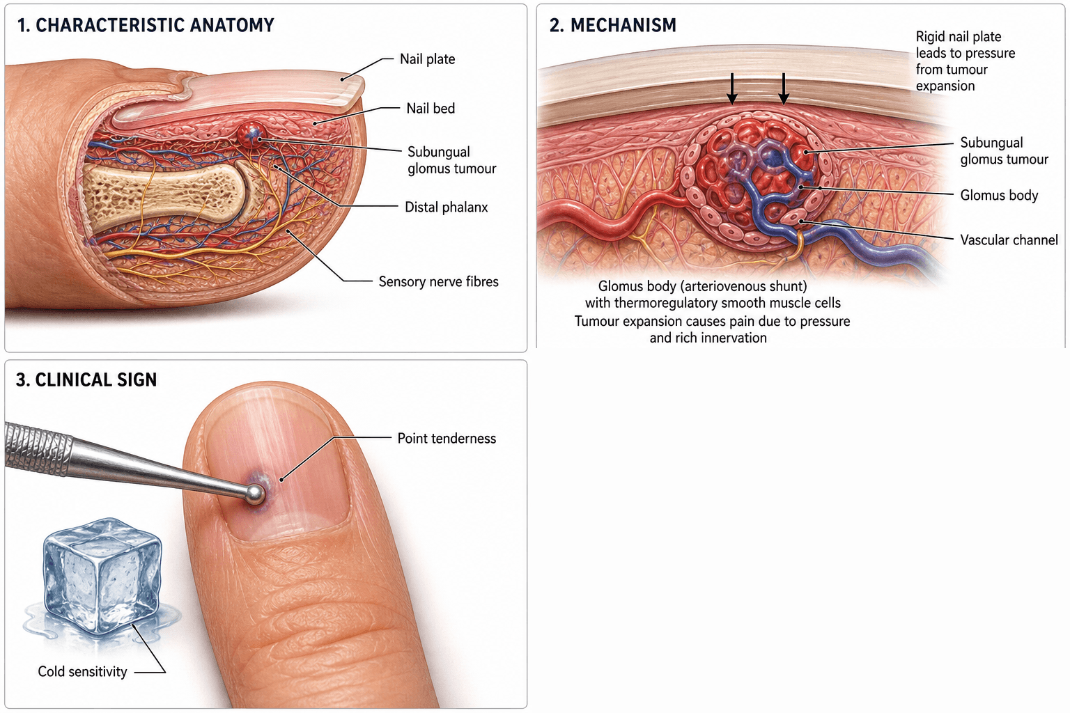 Anatomy, mechanism and clinical sign of a subungual glomus tumour: cross-section of the fingertip showing the tumour beneath the nail bed, the glomus body arteriovenous shunt, and the Love test reproducing pinpoint tenderness.