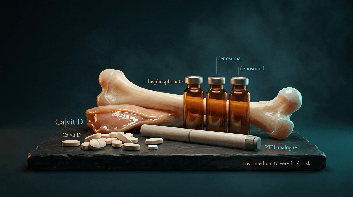 Studio still of calcium and vitamin D tablets with unlabelled vials for bisphosphonate, denosumab and a PTH analogue.
