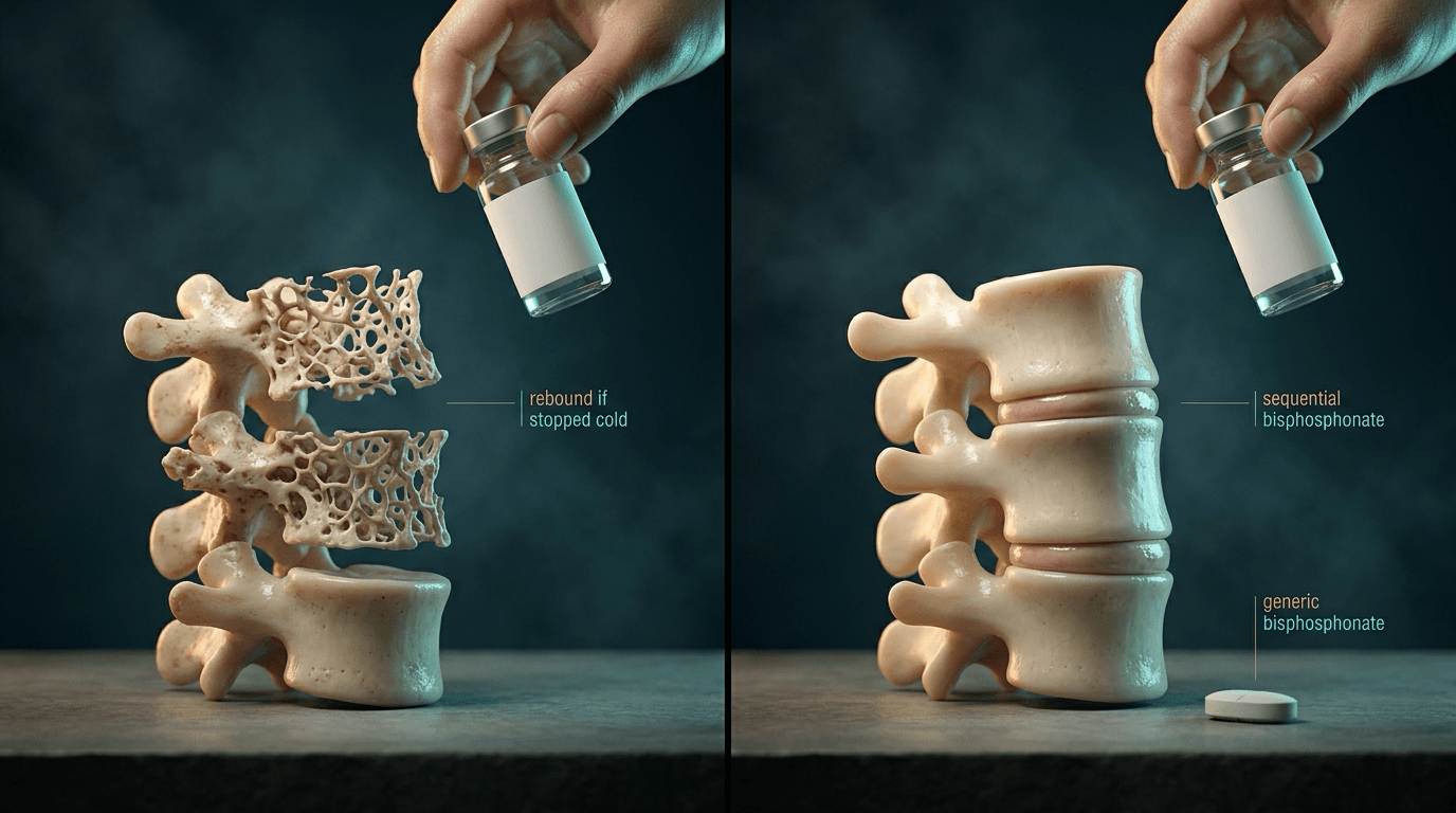 Two-panel illustration: lumbar vertebrae crumbling when a denosumab vial is lifted away versus remaining intact when a sequential bisphosphonate tablet is placed.