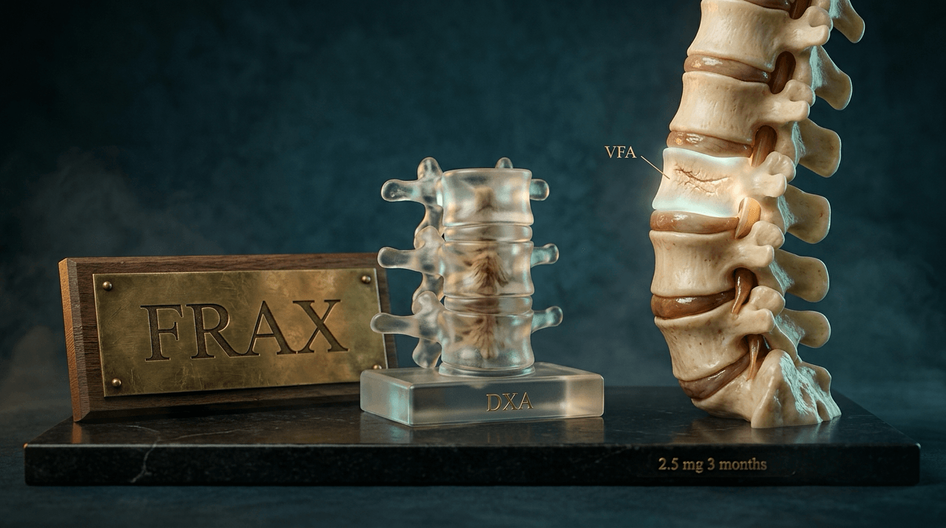 Studio still of a FRAX plaque, a lumbar DXA phantom, and a lateral spine with one vertebra highlighted for vertebral fracture assessment.