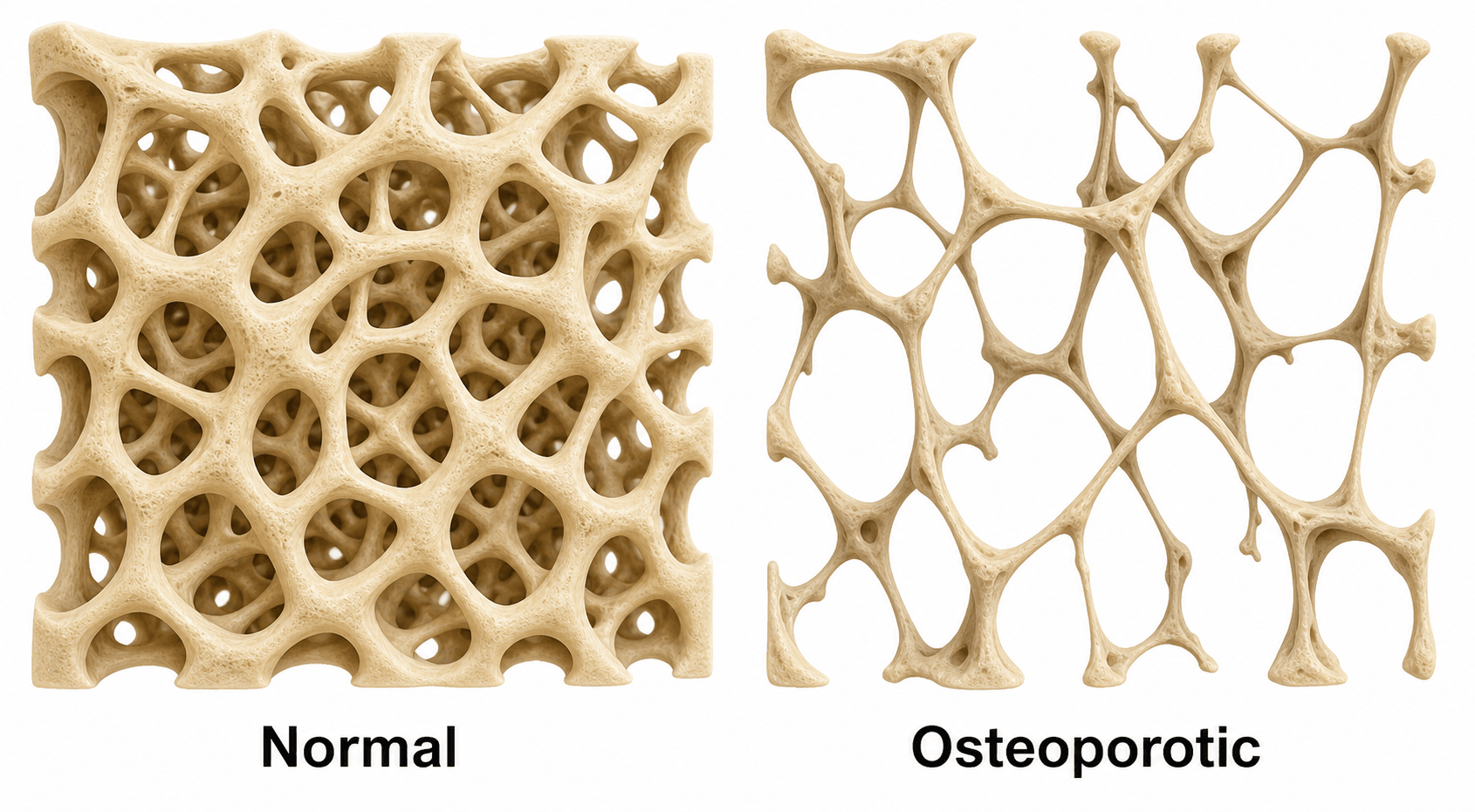 Pathophysiology illustration comparing normal dense trabecular bone microarchitecture with thinned, disconnected osteoporotic trabecular bone