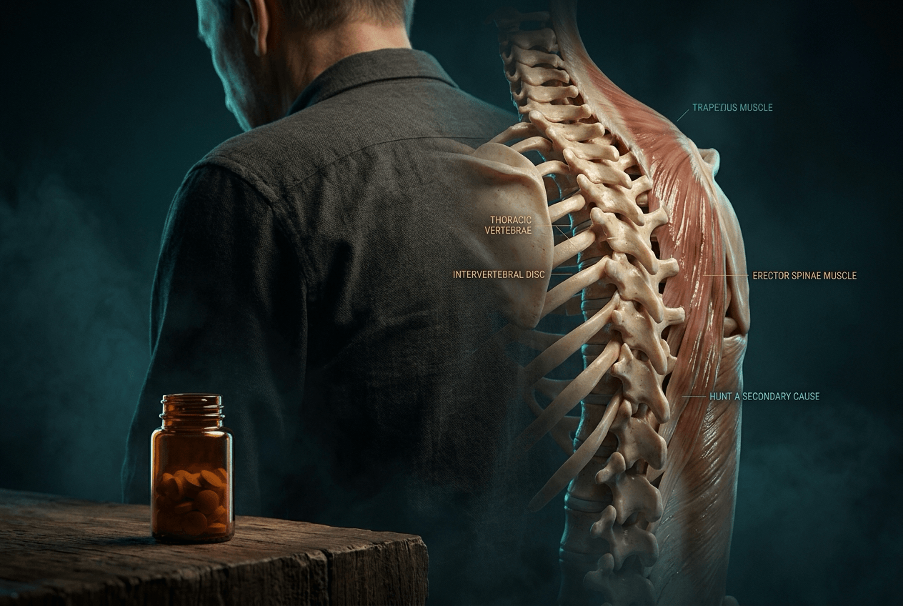 Clothed adult seen from behind with a slightly kyphotic thoracic silhouette and an unlabelled glucocorticoid bottle in the foreground.