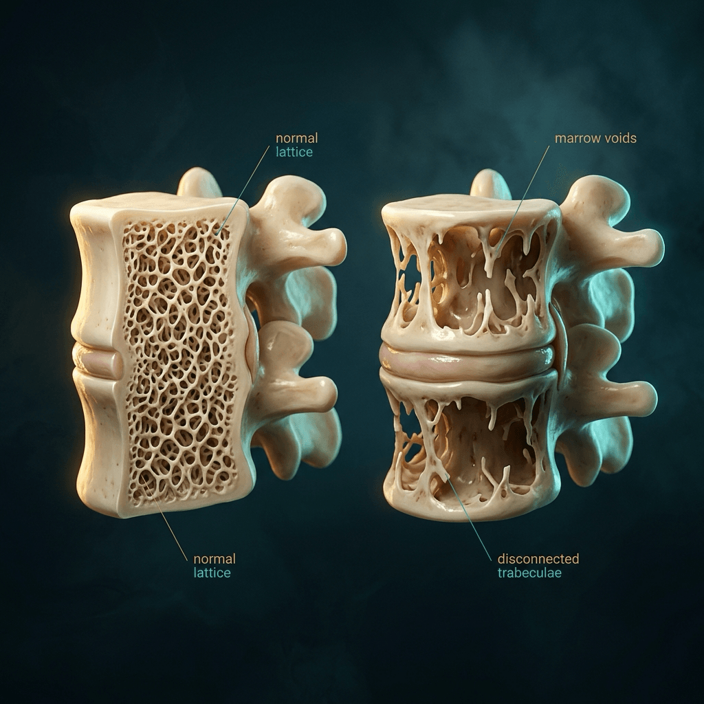 Two vertebral-body cutaways: dense connected cancellous lattice on the left versus thinned disconnected trabeculae on the right.