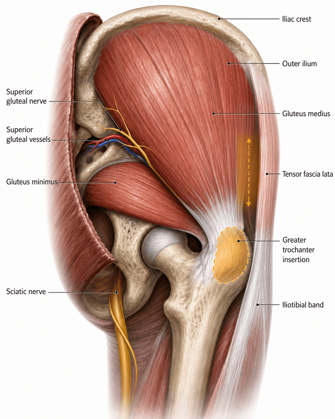 Labelled illustration of the right gluteal region showing gluteus medius over the ilium inserting on the greater trochanter, with gluteus minimus deep to it, the superior gluteal nerve and vessels between the two, tensor fasciae latae anteriorly, the iliotibial band, and the sciatic nerve inferiorly