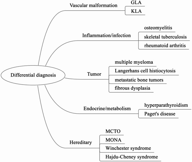 Differential diagnosis tree for Gorham-Stout disease spanning vascular malformations, infection, tumour, metabolic and hereditary osteolyses