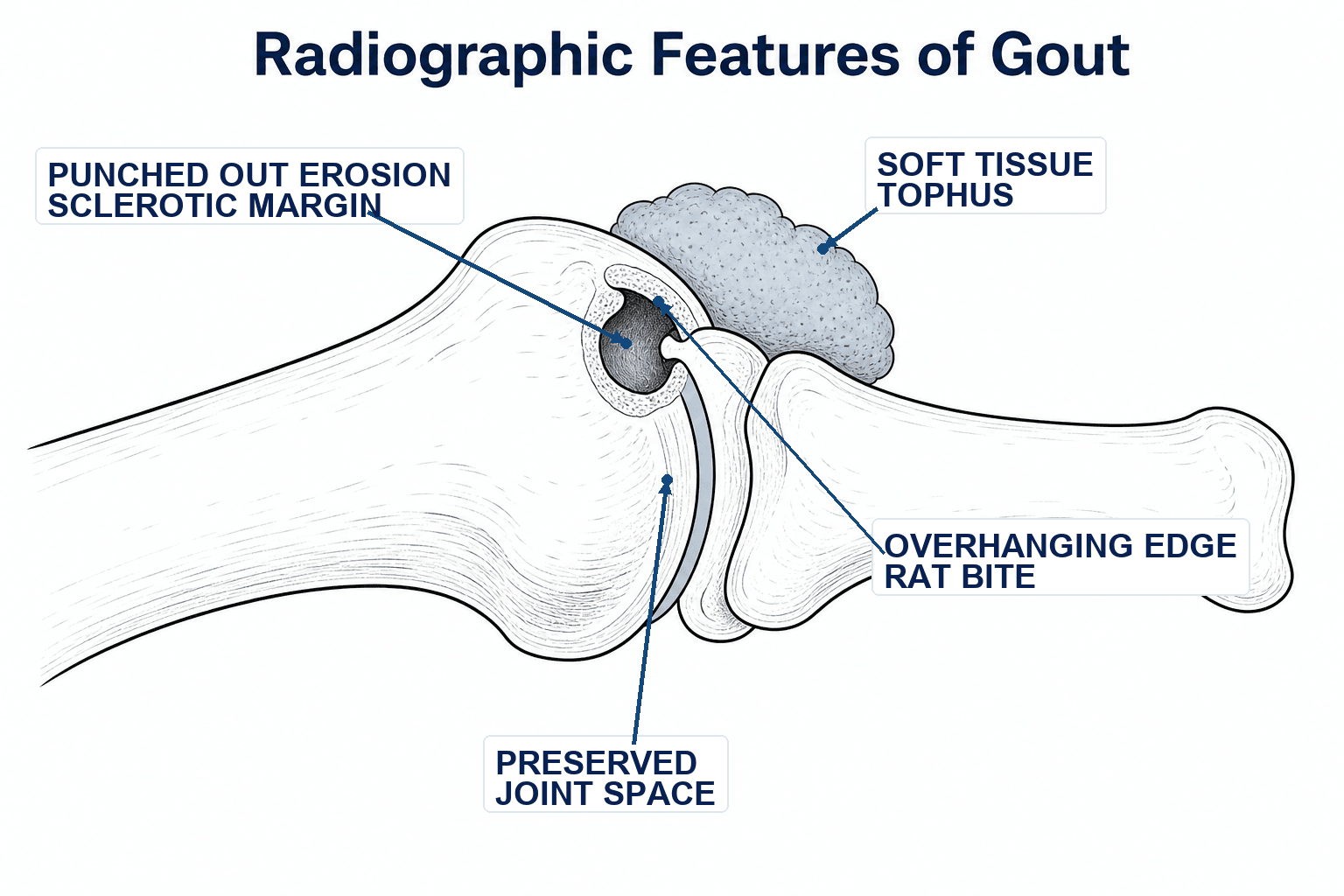 Schematic of a first MTP joint showing the radiographic features of gout: a punched-out periarticular erosion with a sclerotic margin and overhanging edge, preserved joint space, and an adjacent soft-tissue tophus.