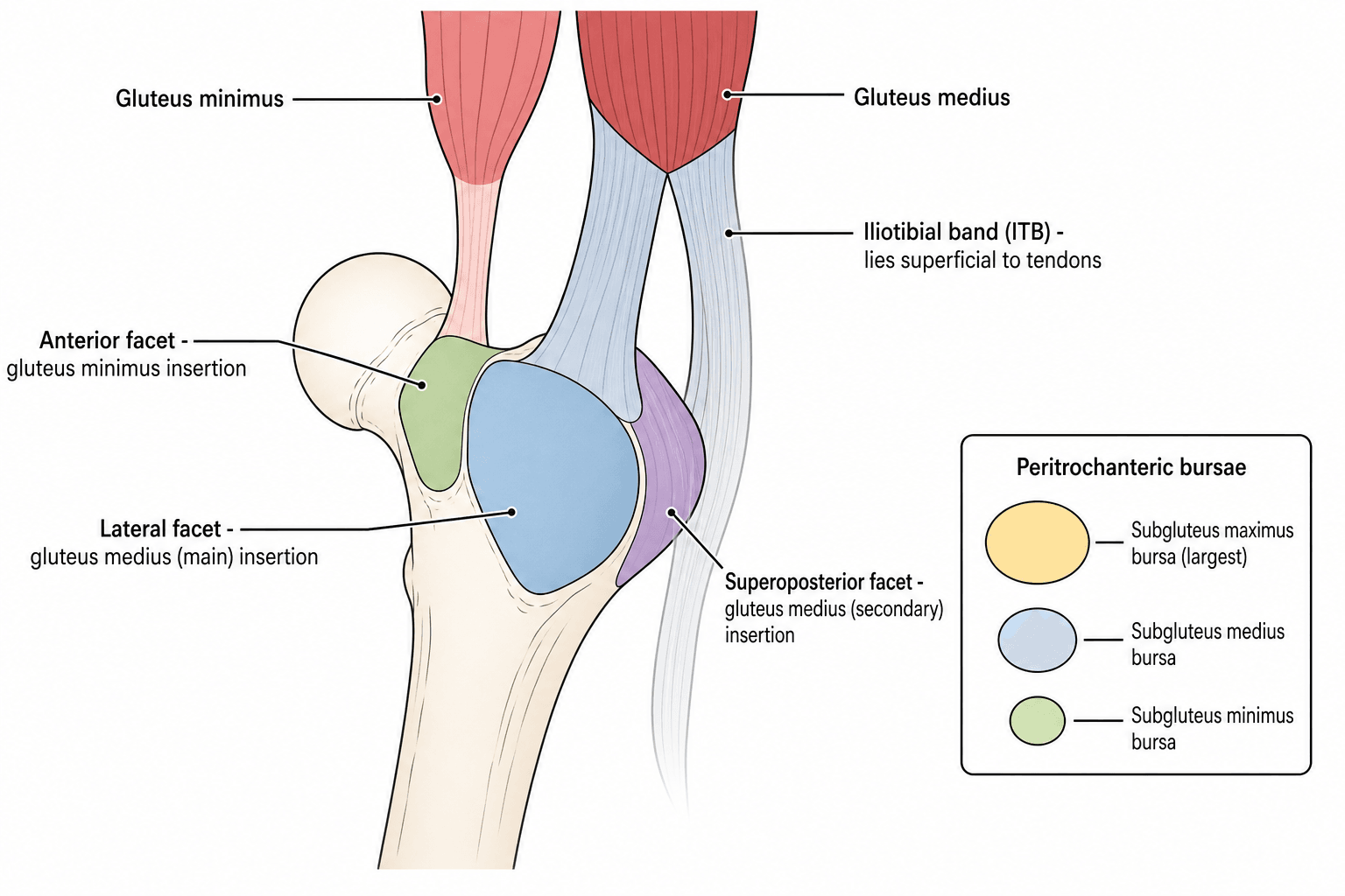 Schematic diagram of the greater trochanter's three facets, their gluteal tendon insertions, and the peritrochanteric bursae