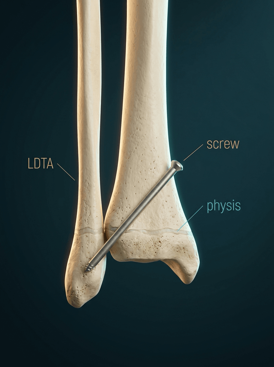 Illustration of a distal tibia and fibula viewed from the front, with a single screw passing obliquely across the distal tibial physis, and the labels screw, physis and LDTA.