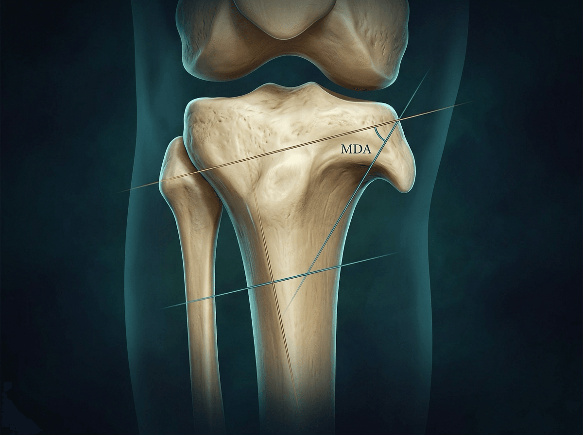 Illustration of a proximal tibia and fibula with construction lines drawn across the proximal tibial metaphysis and along the tibial diaphysis, and the angle between the lines at the metaphysis labelled MDA.