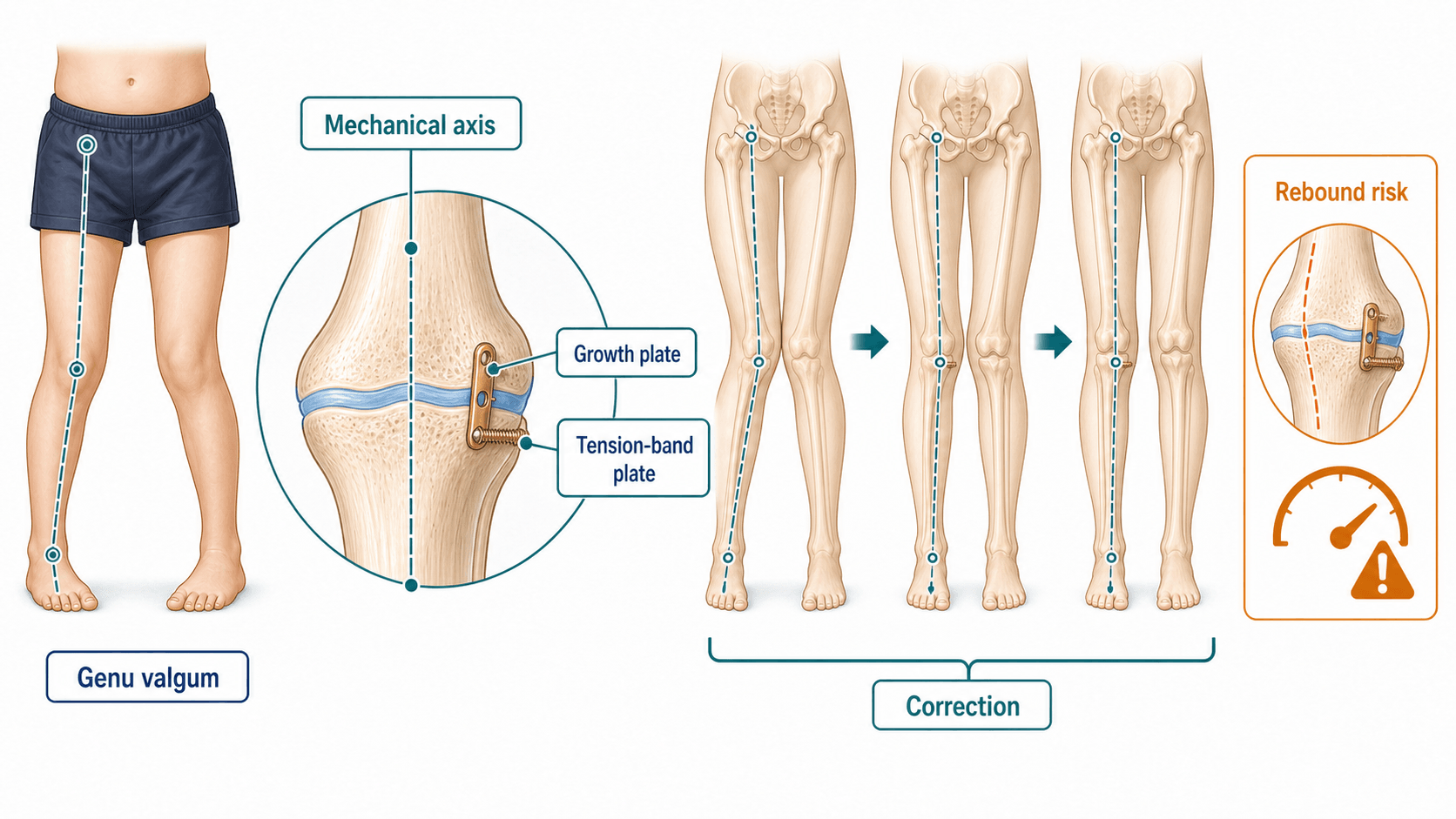 Guided growth angular deformity correction overview showing mechanical axis, growth plate, tension-band plate, gradual correction and rebound risk