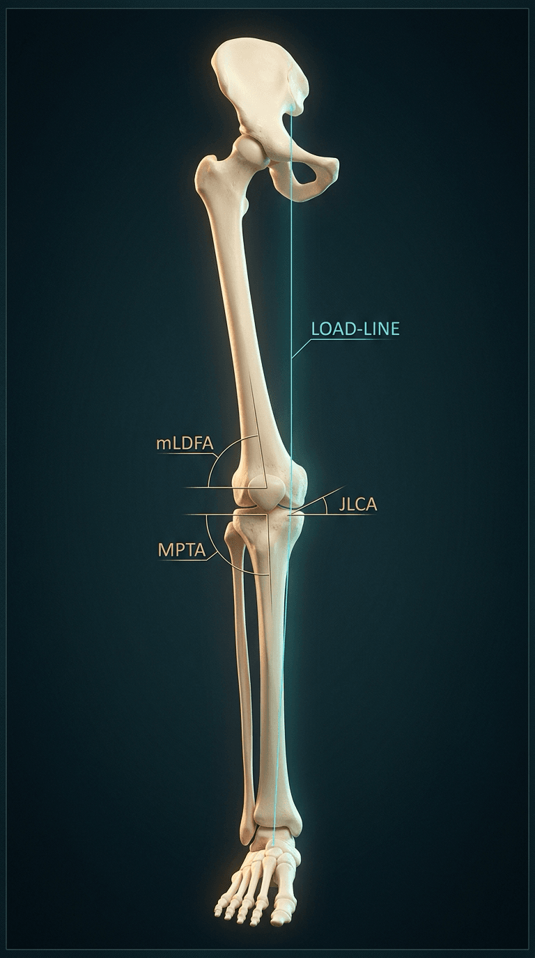 Illustration of a full-length lower limb with a vertical line labelled LOAD-LINE running from the hip through the knee to the ankle, and angles labelled mLDFA at the distal femur, JLCA at the joint line and MPTA at the proximal tibia.