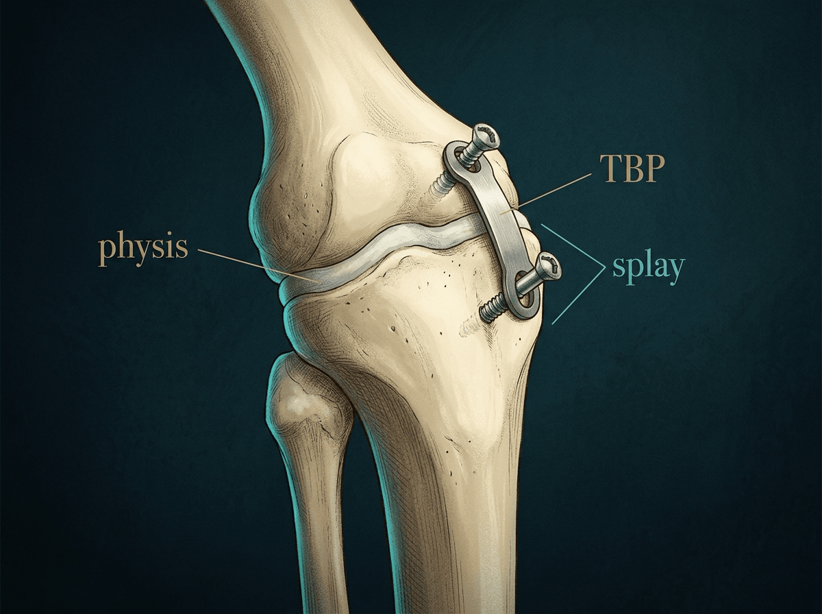Illustration of a knee with a two-hole tension-band plate bridging the distal femoral physis, one screw above and one below the physis, with the labels TBP, physis and splay.