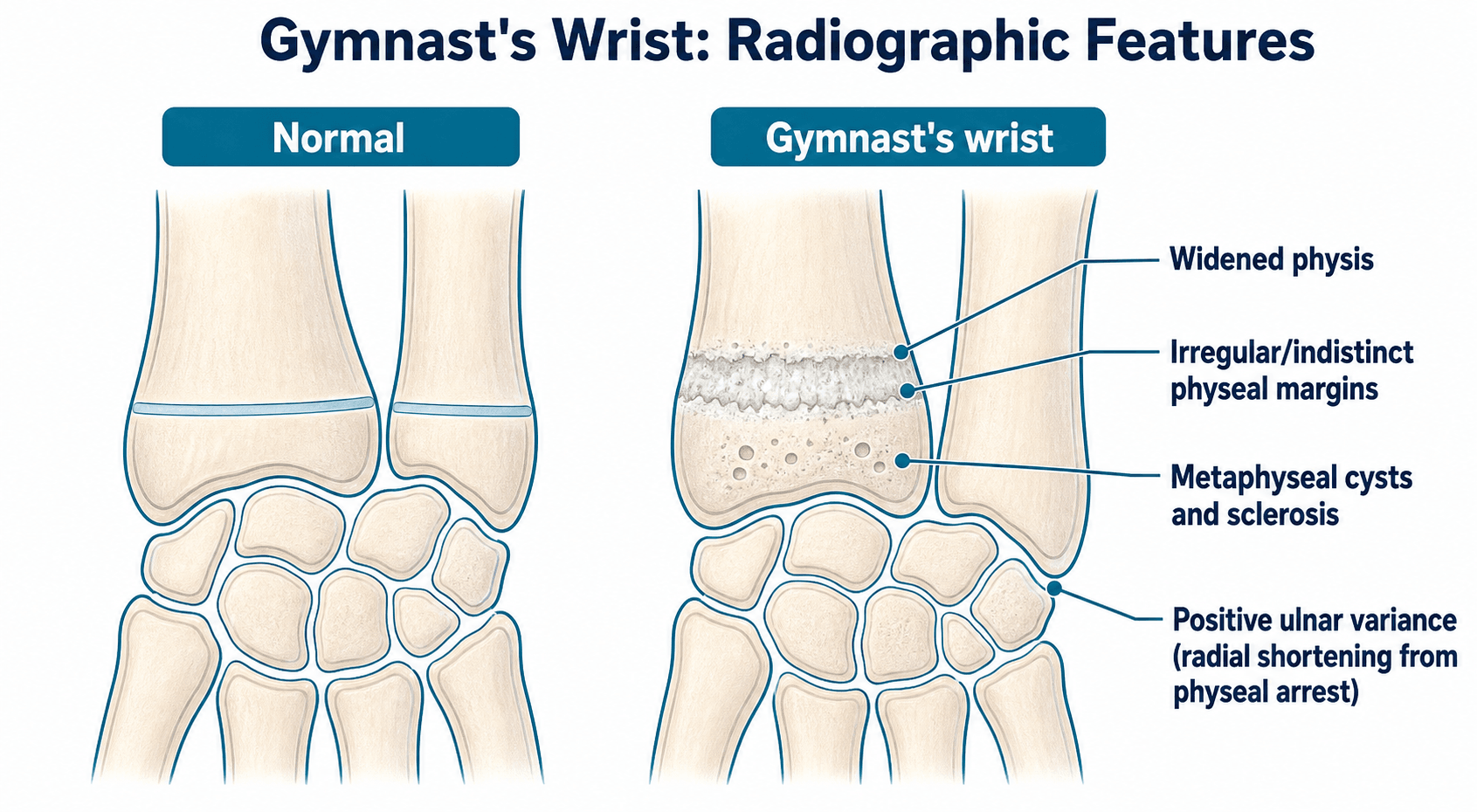 Diagram comparing a normal distal radius with the radiographic features of gymnast's wrist: widened irregular physis, metaphyseal change and positive ulnar variance.