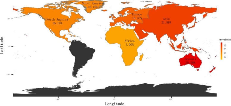 World map illustrating global hallux valgus prevalence distribution