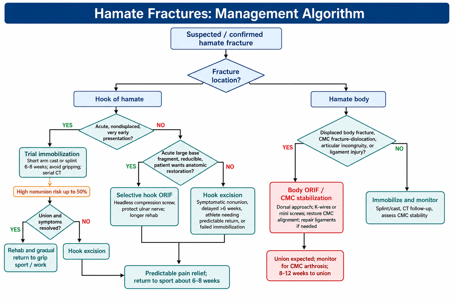 Flowchart: management algorithm for hamate fractures.