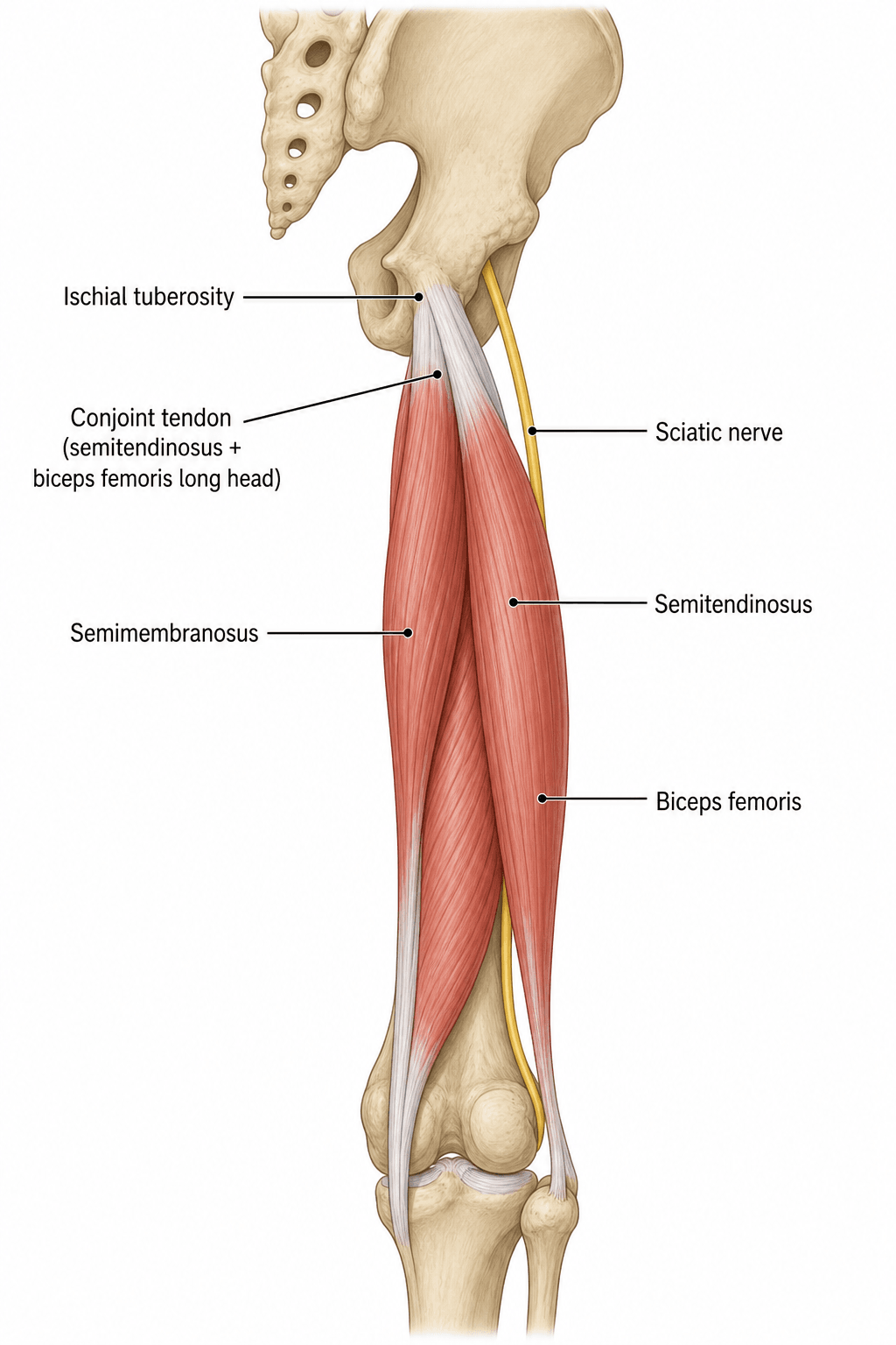 Posterior thigh anatomy of the hamstrings: biceps femoris, semitendinosus and semimembranosus arising from the ischial tuberosity, with the conjoint tendon and the adjacent sciatic nerve