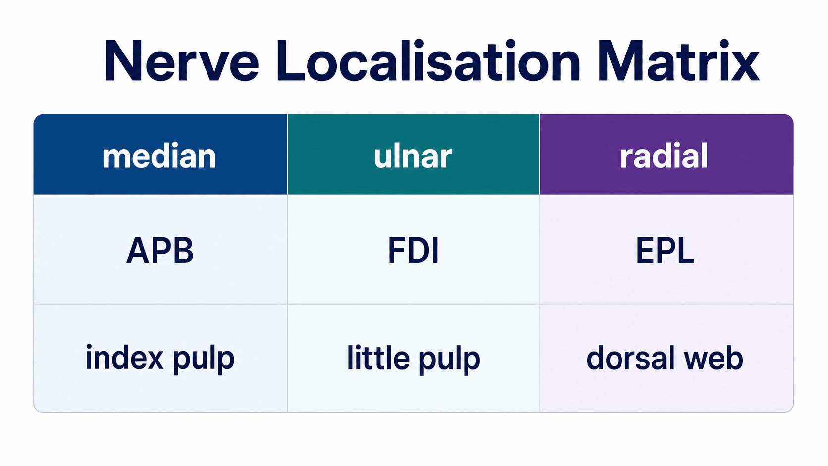 Nerve localisation matrix for median, ulnar and radial nerve testing