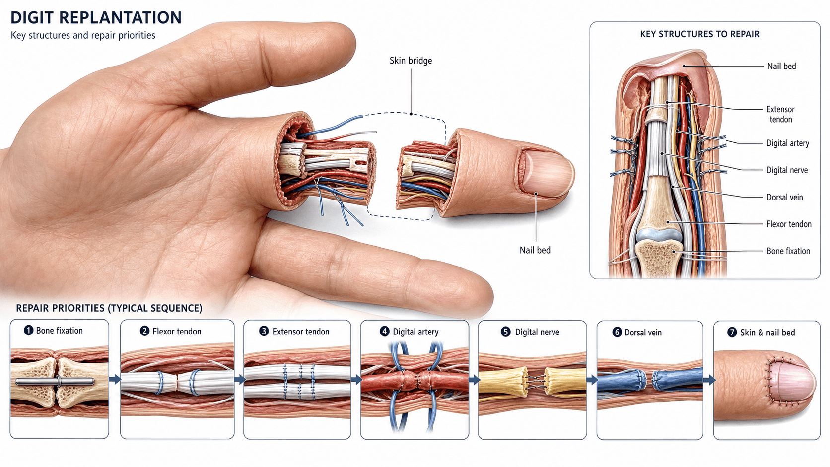 Diagram of digit replantation: the key structures to repair and the typical sequence of repair.