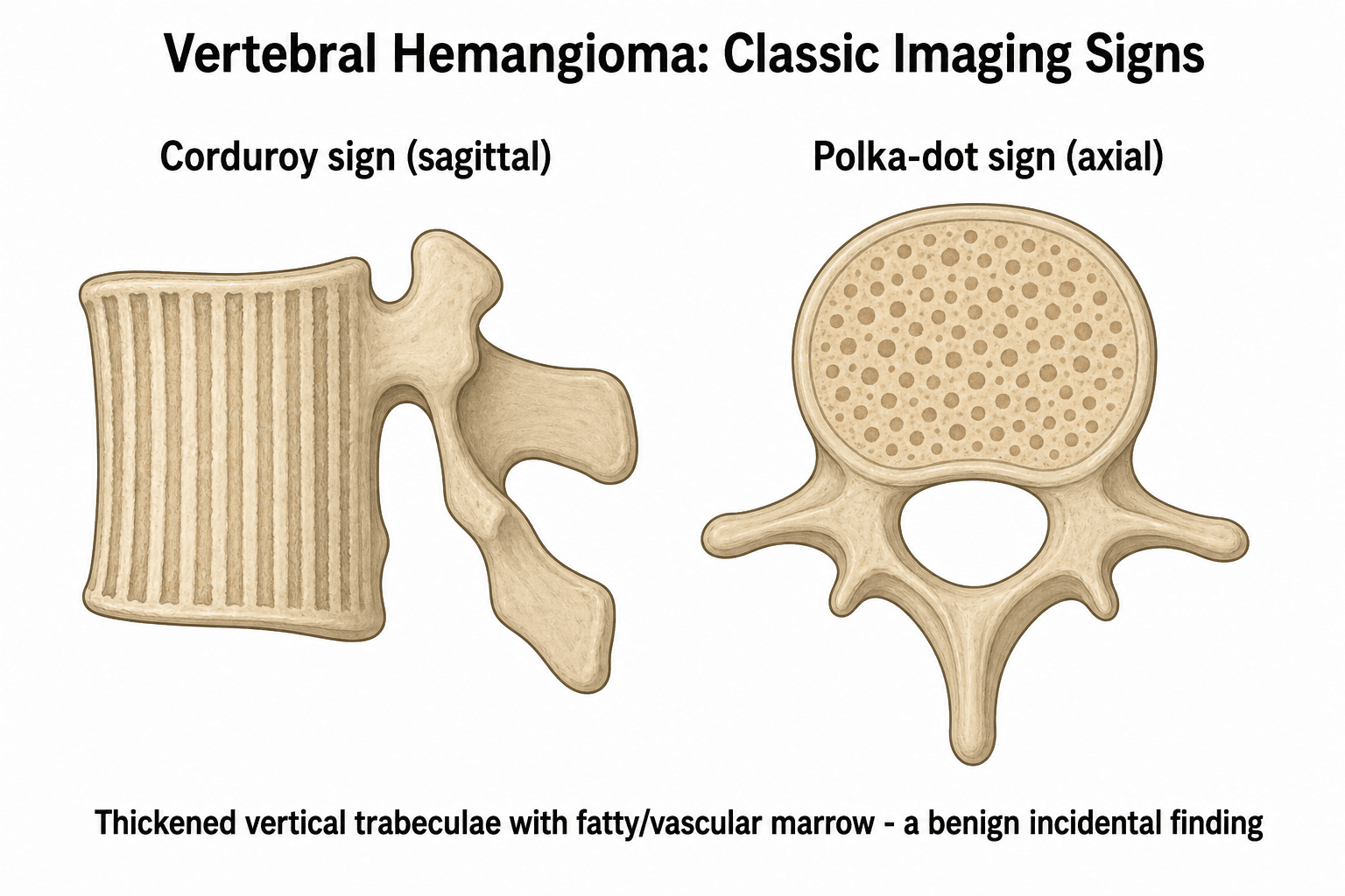 Diagram of the classic vertebral hemangioma imaging signs: the corduroy sign on sagittal view and the polka-dot sign on axial view