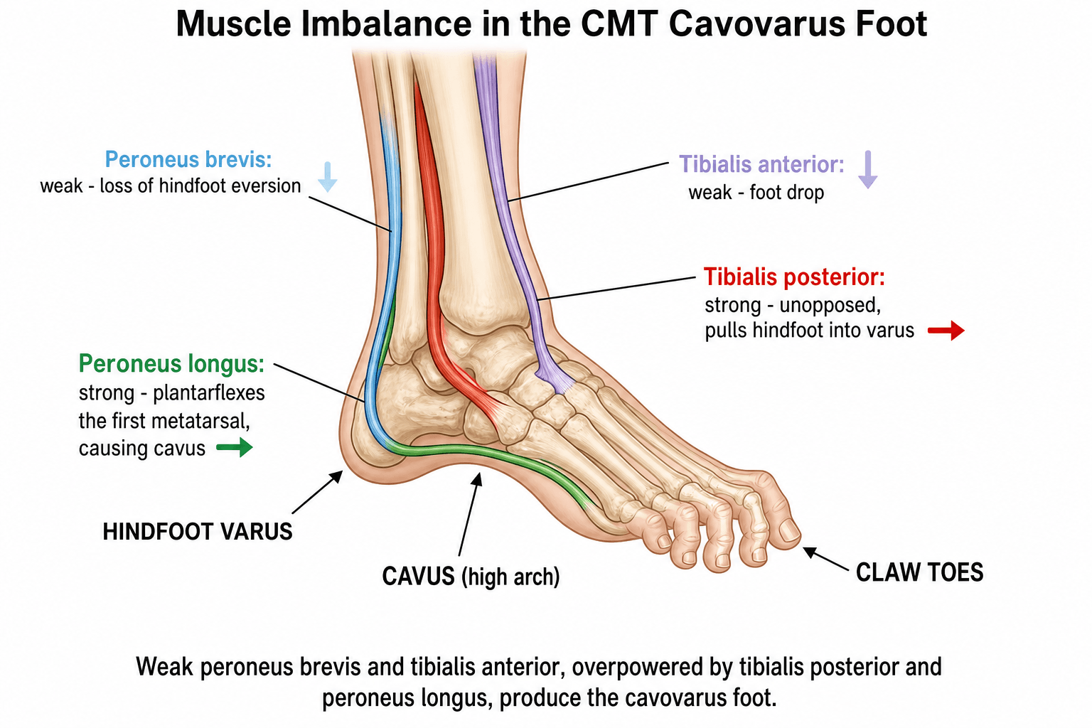 Schematic of a foot showing the muscle imbalance in the CMT cavovarus foot: weak peroneus brevis and tibialis anterior versus strong tibialis posterior and peroneus longus, producing hindfoot varus, cavus and claw toes.