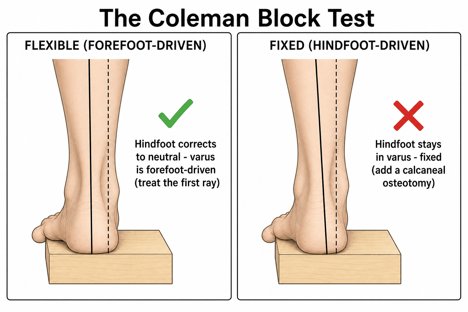 Two-panel schematic of the Coleman block test viewed from behind: a flexible (forefoot-driven) foot whose hindfoot varus corrects to neutral on the block, versus a fixed (hindfoot-driven) foot whose heel stays in varus.