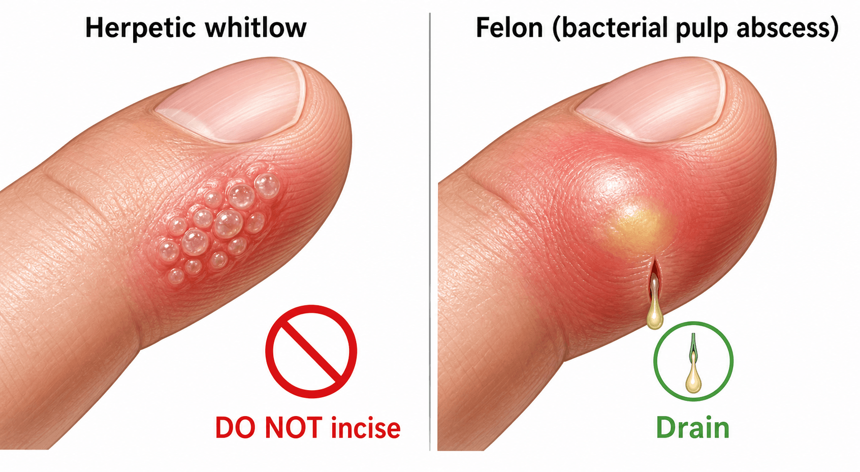 Comparison illustration of herpetic whitlow (grouped vesicles, do not incise) versus a felon (pulp abscess, drain)