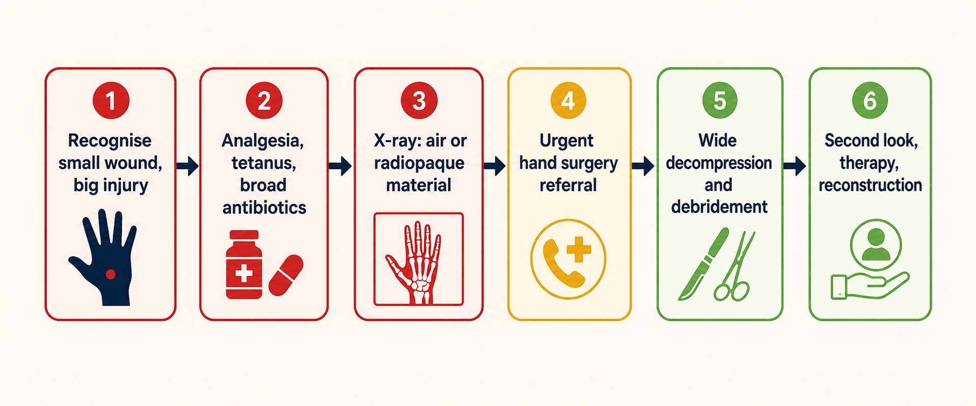 Emergency management pathway for high-pressure injection injury of the hand.
