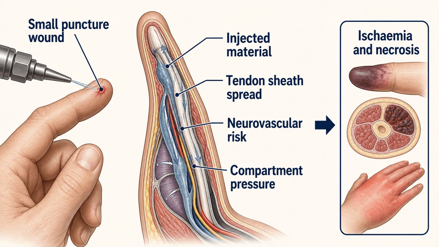 High-pressure injection injury mechanism showing small puncture wound, injected material, tendon sheath spread, neurovascular risk, compartment pressure and ischaemia.