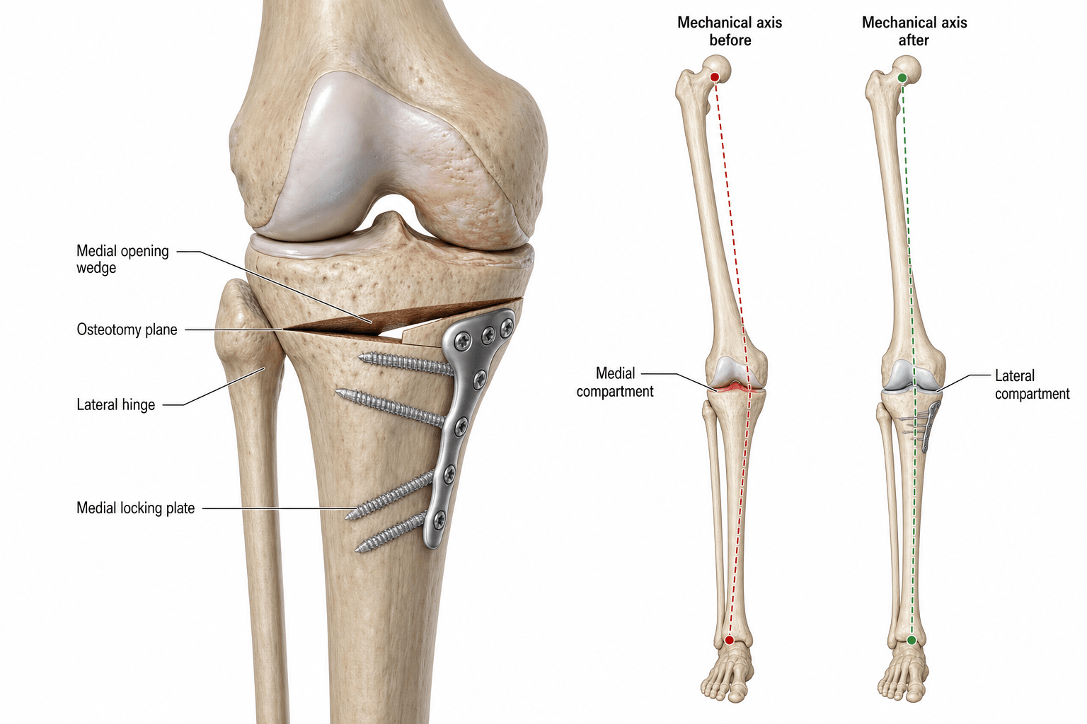 Medial opening-wedge high tibial osteotomy shifting the weight-bearing axis from medial to lateral compartment