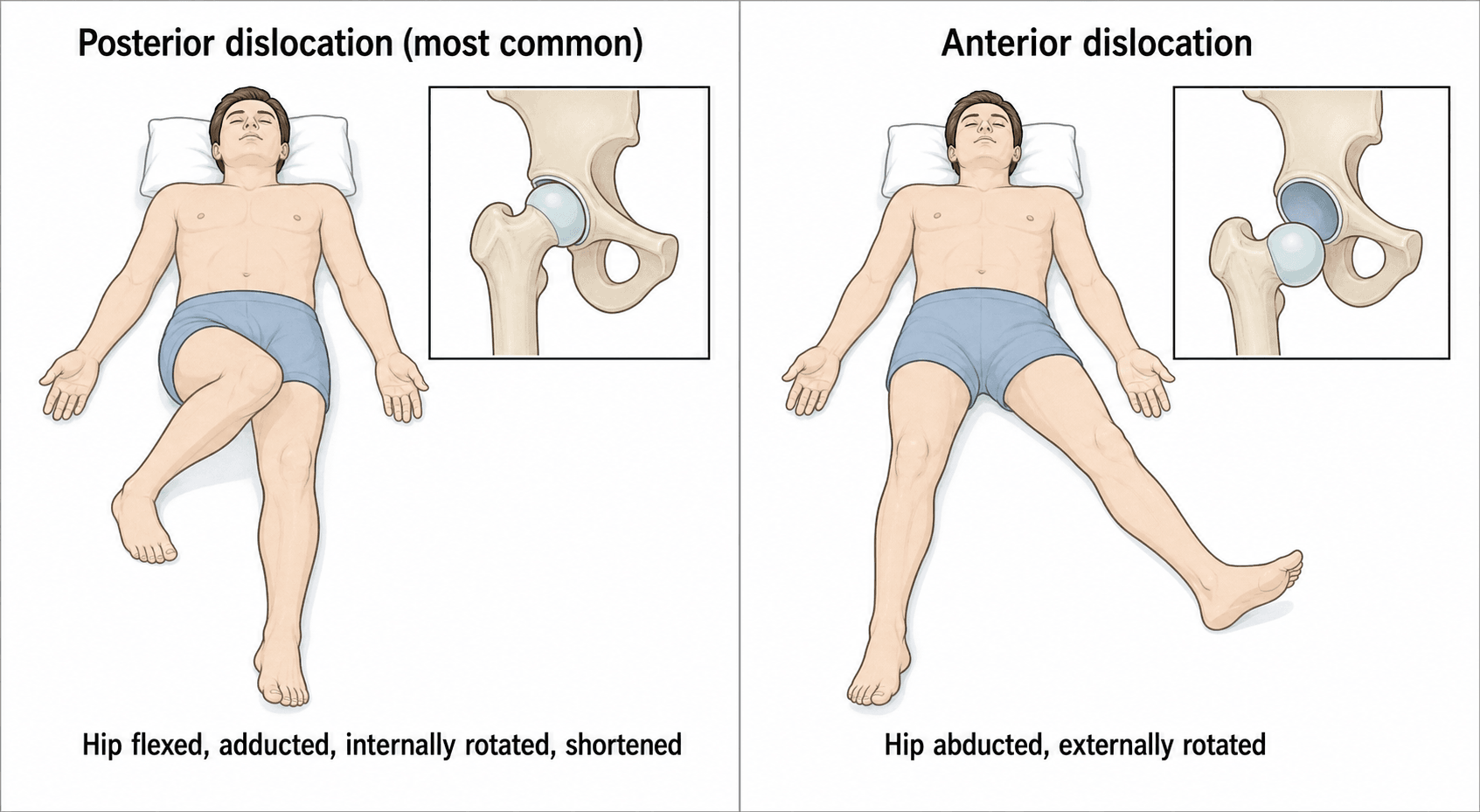 Diagram comparing the limb positions of posterior and anterior traumatic hip dislocation.