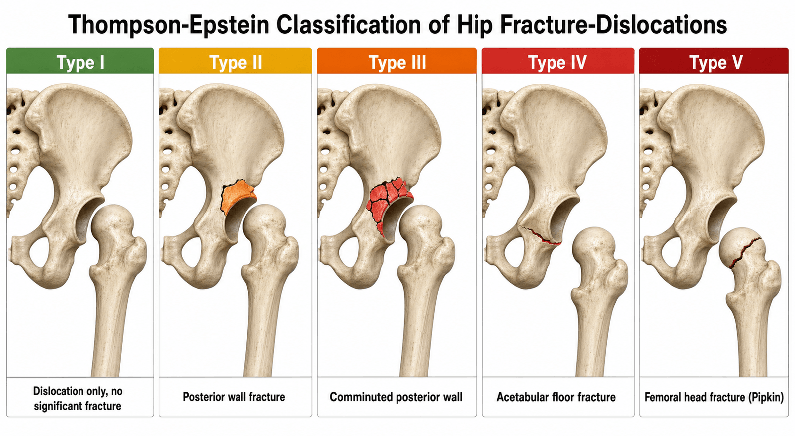 Thompson-Epstein classification of hip fracture-dislocations: Type I dislocation only, Type II posterior wall fracture, Type III comminuted posterior wall, Type IV acetabular floor fracture, Type V femoral head fracture.