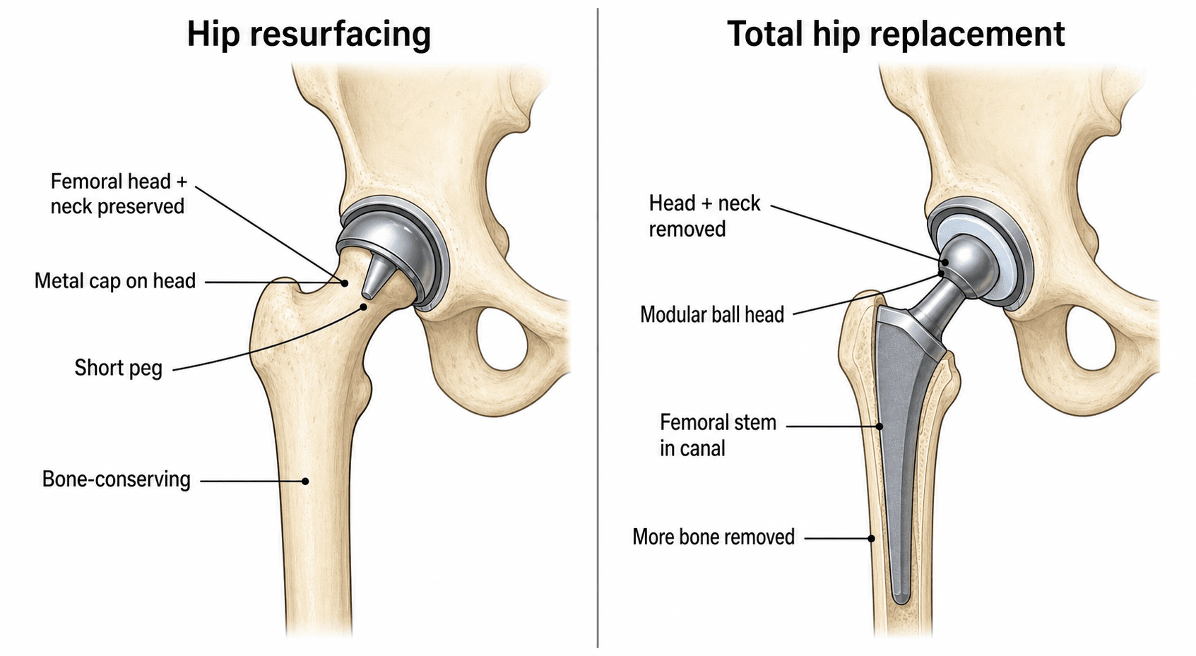 Diagram contrasting hip resurfacing with a total hip replacement.