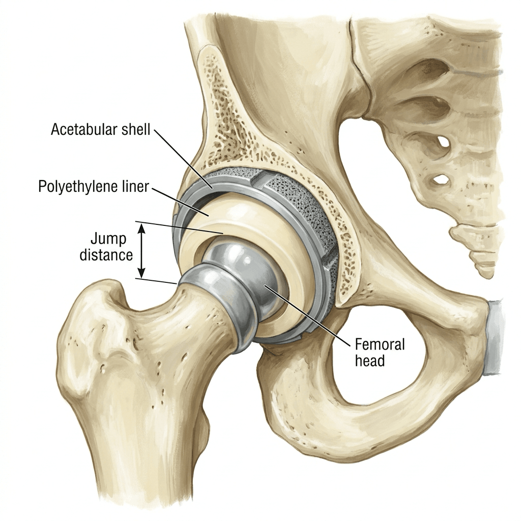 Coronal painted cut of a dual-mobility bearing: acetabular shell, large polyethylene liner articulating with the shell, and a small femoral head inside the liner.