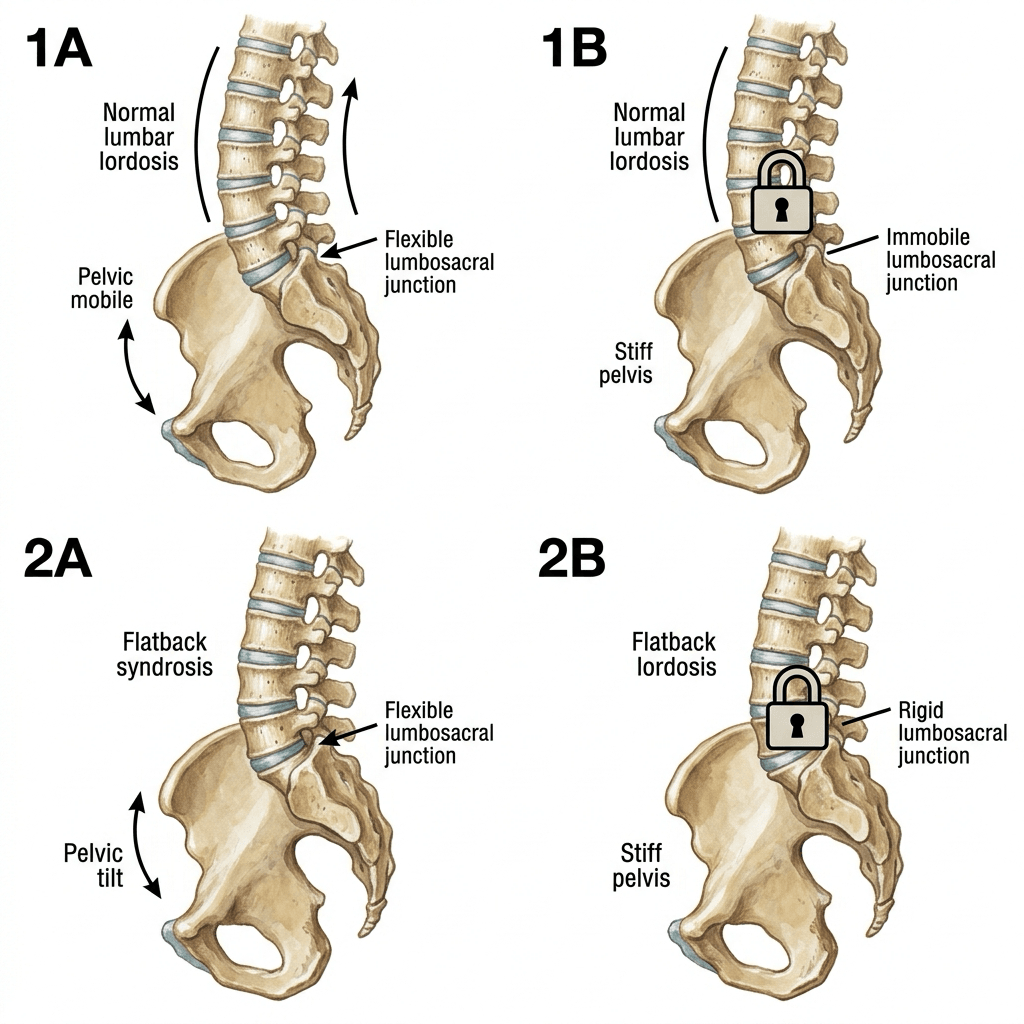 Four-panel painted Hip-Spine Classification: 1A normal lordosis and a mobile pelvis, 1B normal lordosis with a stiff spine, 2A flatback with remaining mobility, 2B flatback and a stiff spine.