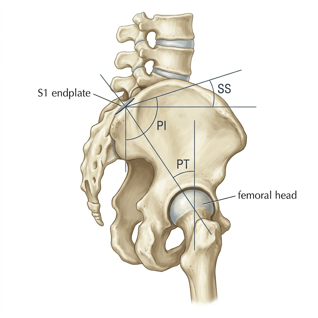 Lateral painted pelvis showing pelvic incidence from the S1 endplate perpendicular to the femoral-head centre, sacral slope of the S1 endplate to horizontal, and pelvic tilt from the S1 midpoint to the femoral-head centre versus vertical.