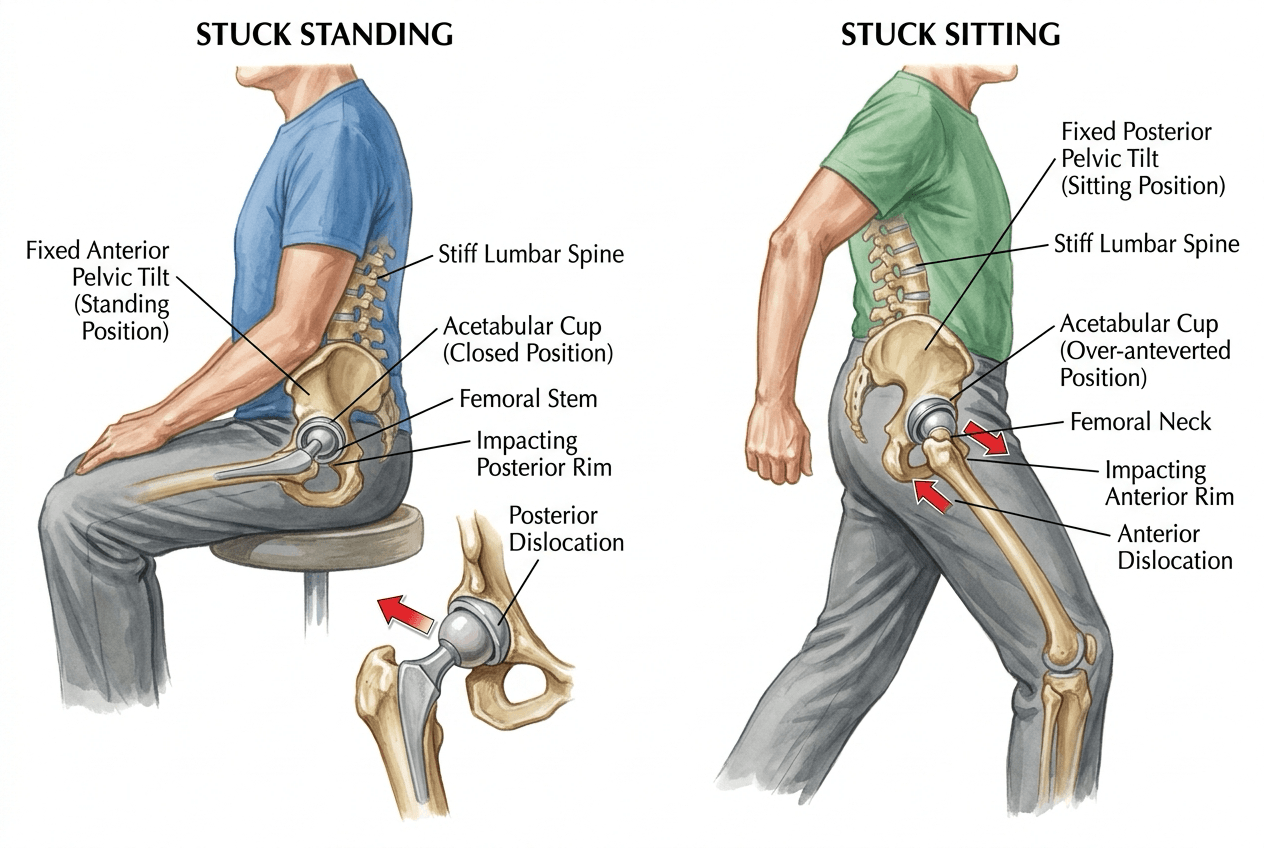 Two-panel painted total hip: stuck-standing pelvis cannot tilt so the femur levers posteriorly out of a closed cup; stuck-sitting pelvis is fixed in posterior tilt so the neck hits the anterior rim on extension.